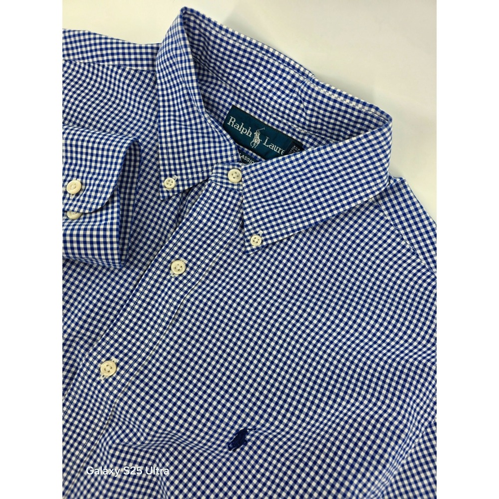 Ralph Lauren Classic Fit Blue White Gingham Button Down Shirt Mens L Long Sleeve